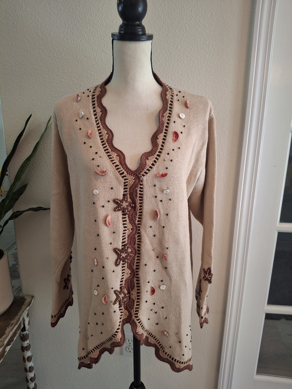 Cottagecore Storybook Knits Beige Embellished Cardigan with Brown Trim